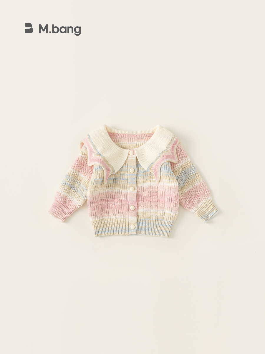 2026 primavera y otoño ropa infantil gran solapa suéter de niñas camisa de punto de color graduado suéter de mujer abrigo