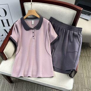 2025 Plus Size Women's Short-Sleeved Quarter Pants Suit Contrasting Color Casual 2-Piece Set Fat Mmt Loose Shorts 8339