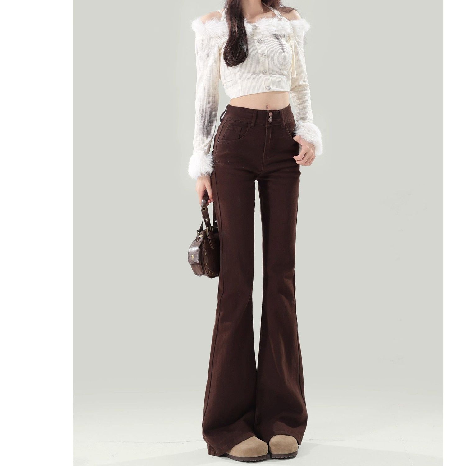 Brown Flared Jeans for Women 2025 New Season High-Waisted Slimming Bootcut Pants Brown Melard Bell-Bottom Pants