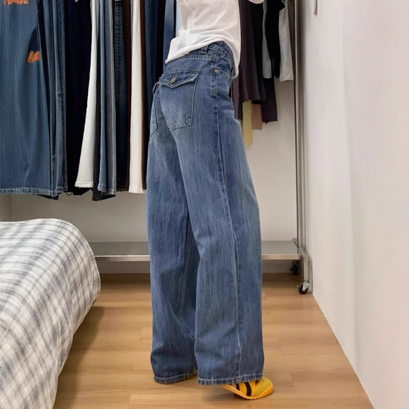 复古蓝低腰直筒牛仔裤女2025秋季设计感显瘦小个子美式窄版阔腿裤|undefined