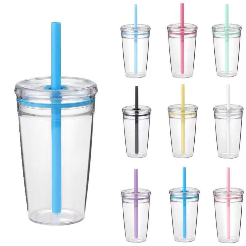 越境夏の新作、高颜值ミルクティー用小型青色プラスチックカップ、透明で多色のストロー付きコーヒーカップ、オフィス用ウォーターカップ|undefined