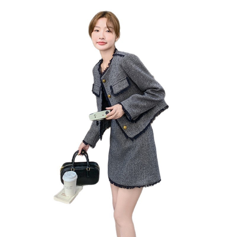 法式气质休闲半身裙两件套装女2025年秋季新款灰色小香风短外套潮|undefined