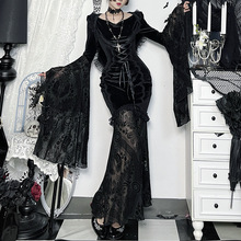 XS25235暗黑系斗篷连衣裙2025新款哥特风cos万圣节喇叭袖包臀长裙