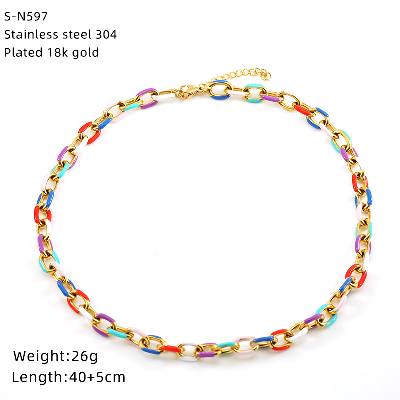 Collana con catena cubana colorata alla moda europea e americana, con catena a clavicola, goccia di smalto, multicolore, moda personalizzata, in acciaio al titanio transfrontaliero_voghion.com