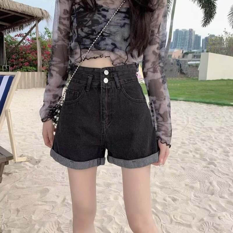 Summer Super High Waist Denim Shorts Girls Fashion Design Sense Loose Slimming Straight Wide Leg Turn-up Dad Hot Pants