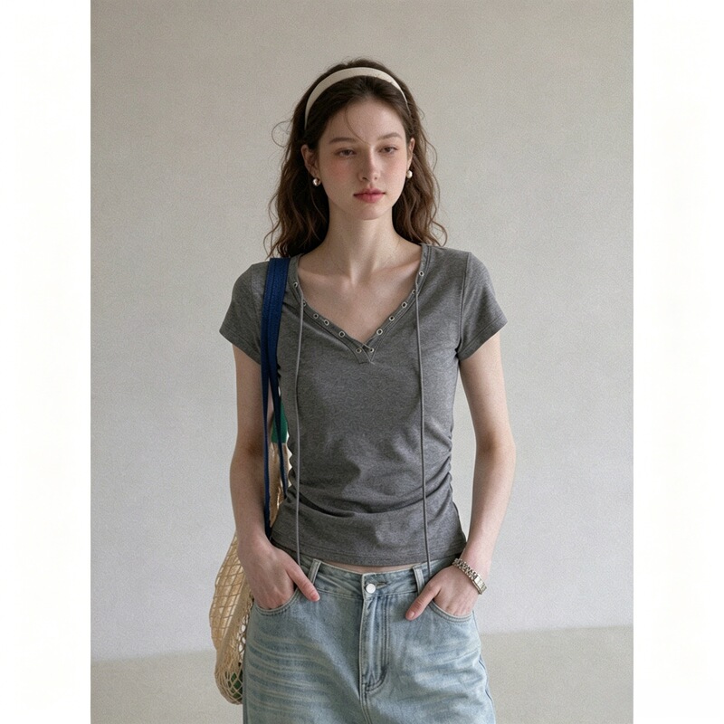 Jiyou Gray V-Neck Tie Short-Sleeve T-Shirt for Women, Summer 2026 New Slim-Fit Design Niche Top