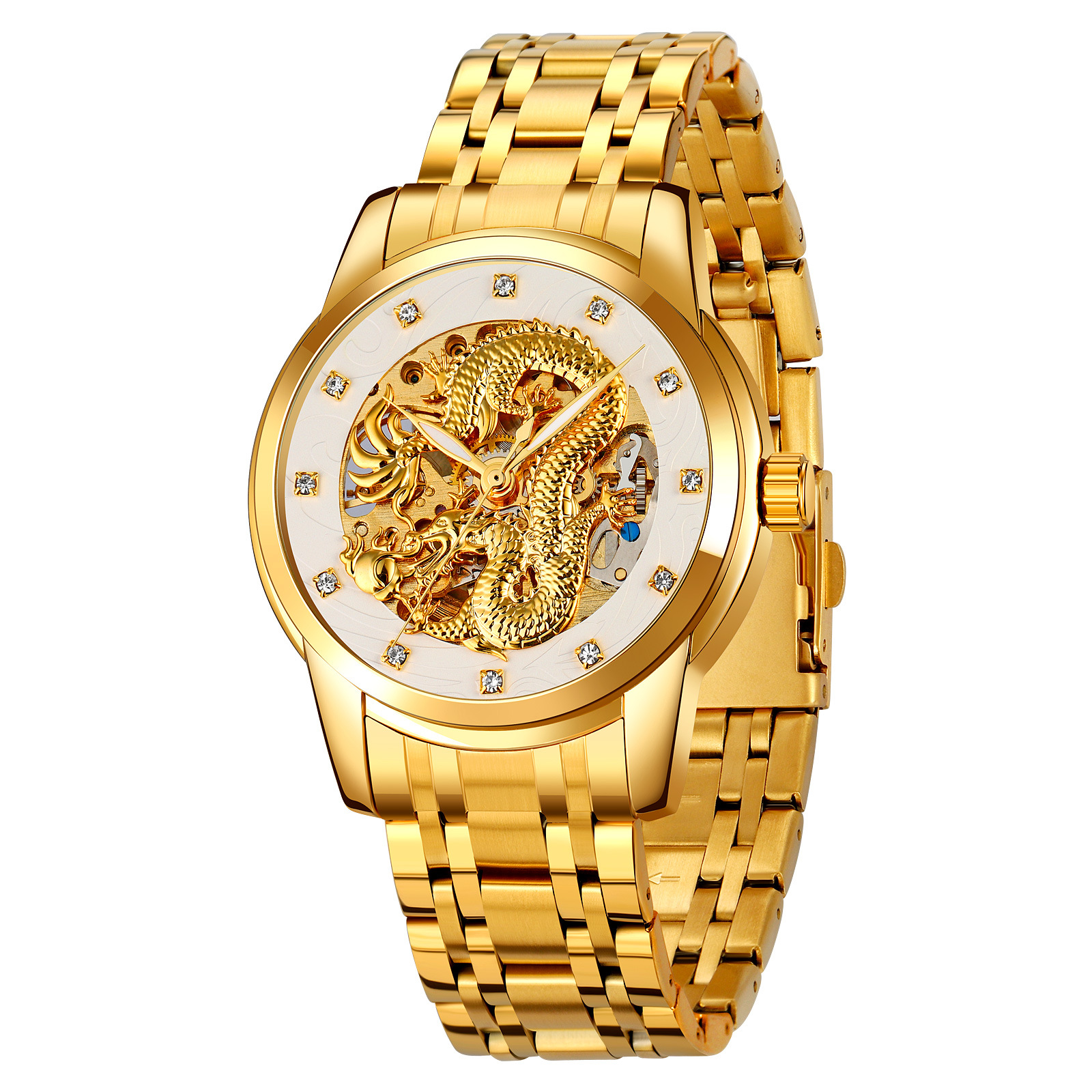 Momento de belleza en relieve de oro dragón penetrante reloj mecánico con diamante correa de acero impermeable reloj de hombre comercial personalizado transfronterizo al por mayor