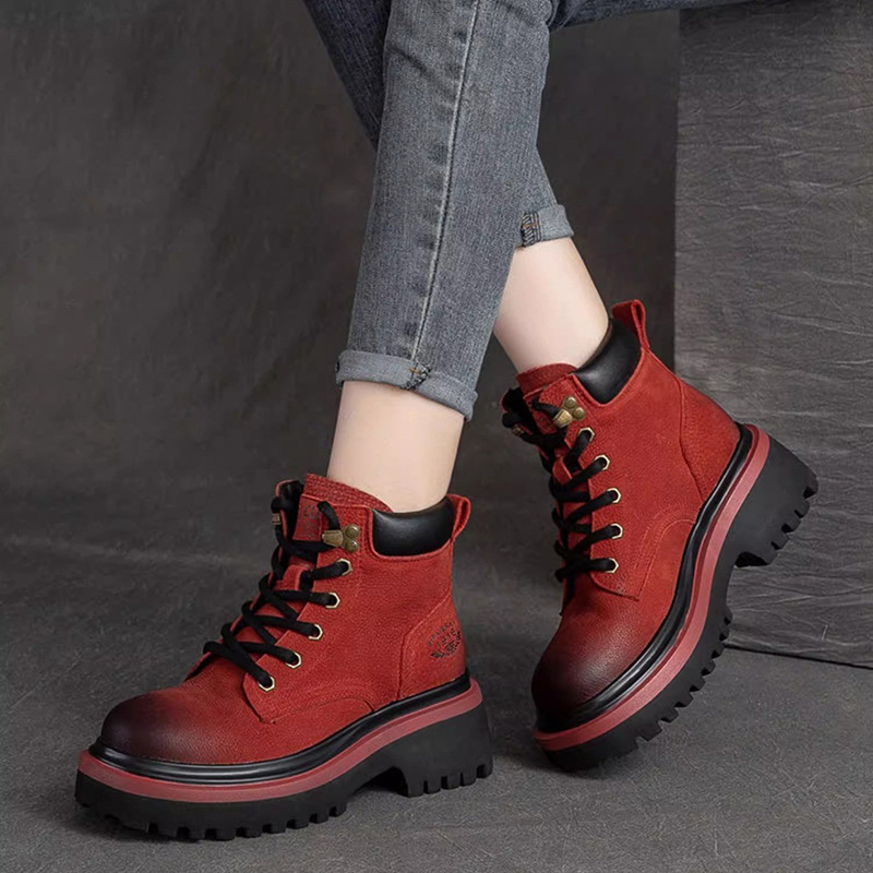 Winter Genuine Leather Work Boots, Thick-Soled British Style Martin Boots for Women, Cowhide High-Heeled Yellow Boots for Women, Retro Style with Extra Fleece and Thickening