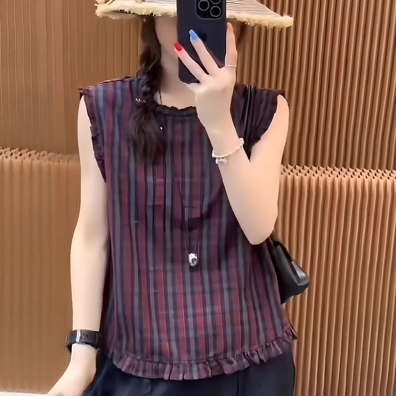 European-Style 2025 Summer Patchwork Ruffled Back Button Plaid Sleeveless Shirt for Women, Fashionable Versatile Top