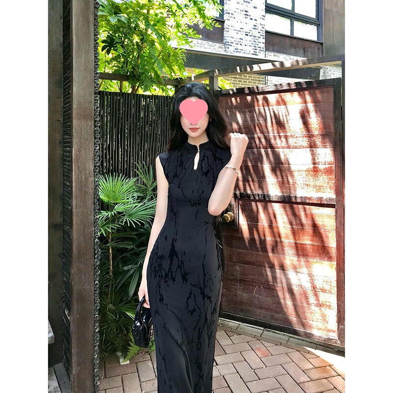 夏季黑色高级感改良新中式包臀提花旗袍连衣裙长裙女|undefined
