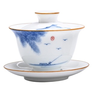 Hand-painted underglaze color suet jade porcelain cover Bowl ceramic blue and white sancai tea bowl pink green kung fu tea set Tea Bowl