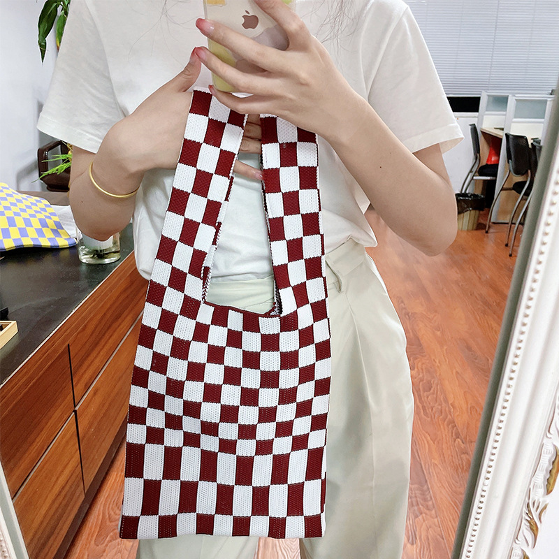 Color Block Checkerboard Knit Integrated Handle Shoulder Bag 3