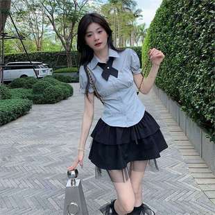 拼接蕾絲邊高腰綁帶蓬蓬短裙子女春夏半身裙韓版泡泡袖襯衫兩件套