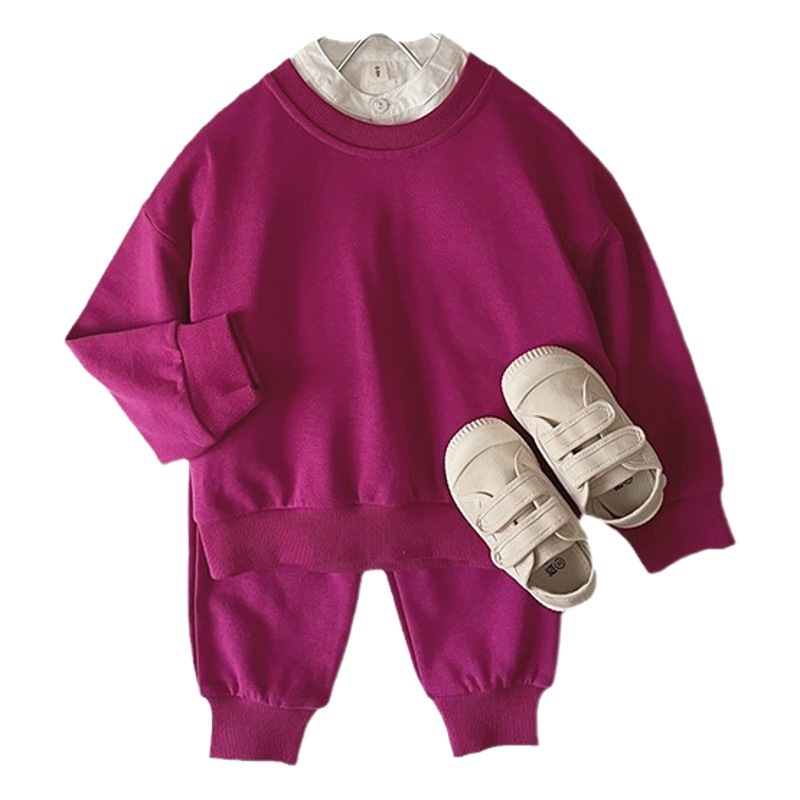Los niños de algodón de felpa de dopamina de color sólido de los hombres y las mujeres jersey de cuello redondo suéter abrigo pantalones de dos piezas conjunto