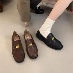 韩版金币小皮鞋女英伦风法式复古圆头通勤休闲一脚蹬粗跟乐福鞋子