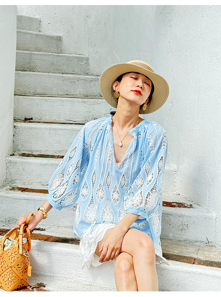 2026 Summer Women's Vacation Style French Embroidered Top Beach Vacation Blouse Shenzhen Nanyou Shirt Women's Summer Wear