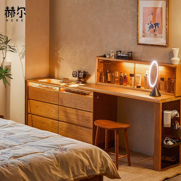 Huer Furniture / Cherry Wood Solid Wood Chest of Drawers Dressing Table Integrated Vanity Bedside Cabinet Bedroom L Desk