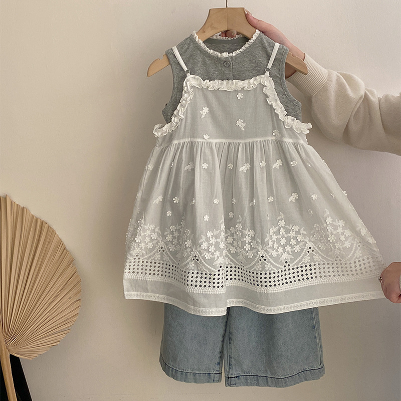 Girls' 2025 Summer New Korean-Style Lace Vest Children's Embroidered Lace Suspender Dress