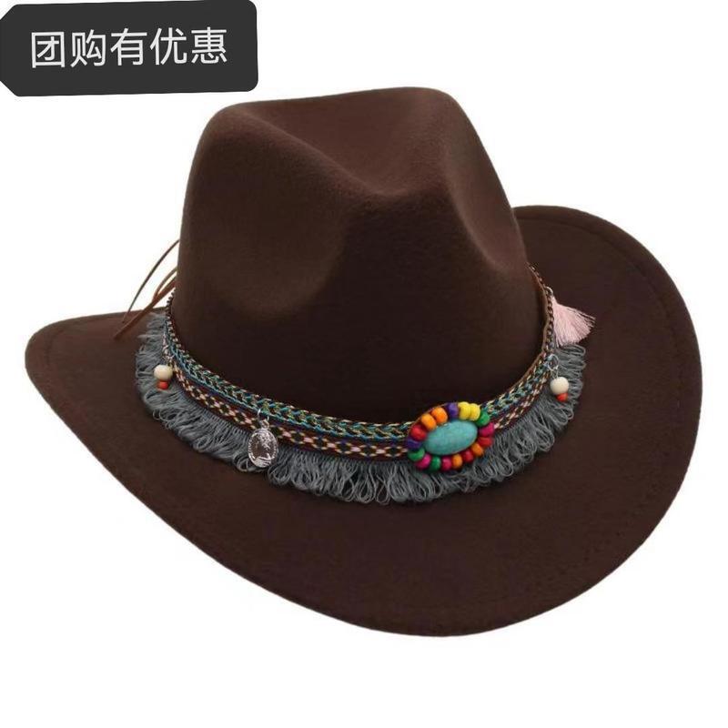 Ethnic Style Western Cowboy Hat for Men and Women, Xizang Style Guozhuang Dance Performance Jazz Hat with Upturned Brim