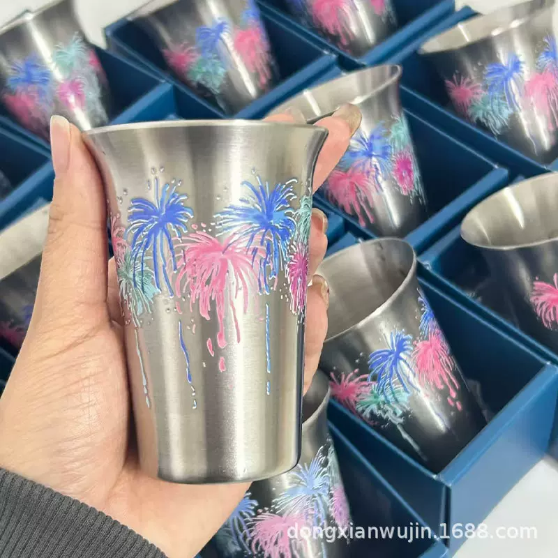 日式冷感变色酒杯烟花杯白酒清酒杯冷饮杯不锈钢啤酒杯变色杯定制