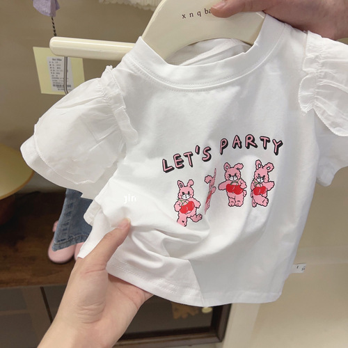 Girls Summer Clothes  New Korean Children's Cartoon Versatile Cotton Small Flying Sleeve Tops Fashionable Denim Shorts Trendy