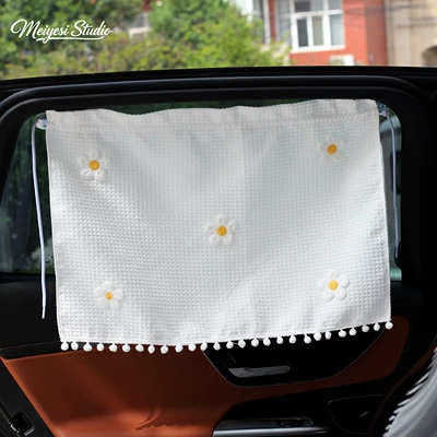 Car curtains, Car sunshade waffle curtain - large-waffle-curtain-with-five-small-five-petal-flowers-suction-cup-style