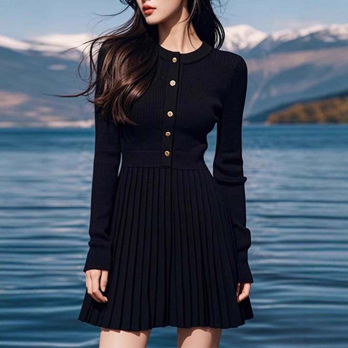 Hepburn Style Black Knitted Dress Women's Autumn and Winter 2025 New Style Chic and Beautiful High-End Suit Short Skirt