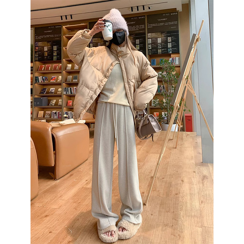 Pantalones de lana gris oscuro de piernas largas para mujeres 2024 otoño y invierno pantalones rectos gruesos de cintura alta sensación de caída casual pantalones de traje de herringbone