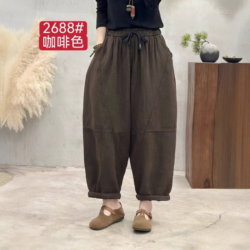 2025秋季款宽松复古双层纱炒色做旧松紧腰老爹裤百搭休闲裤女2688|undefined