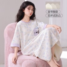 现货小红书现货发夏季新款棉质女士带胸垫套头短袖睡衣裙女家居服