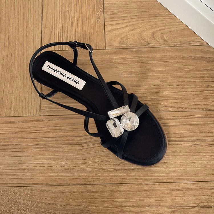 Gem Rhinestone Flat Sandals Women's Outwear 2023 New French Style Fairy Style Sandals