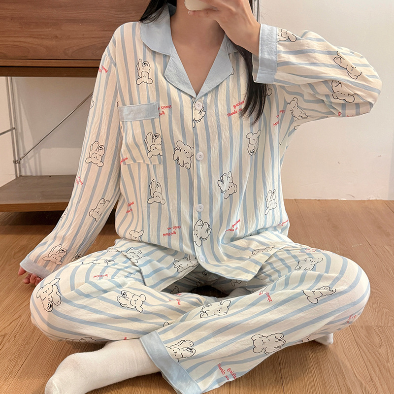 Pijamas de otoño al por mayor transfronterizos mujeres nuevas nubes de algodón de manga larga con solapa pequeña manga larga pantalones largos casuales set de ropa casera