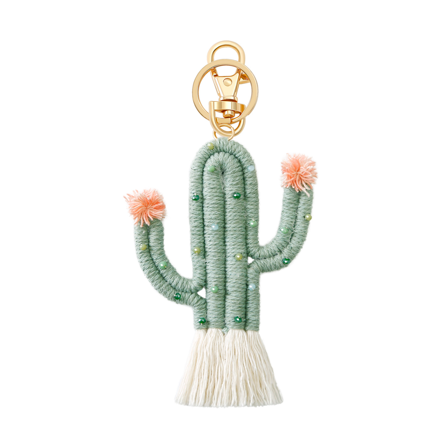 Verde planta cactus llavero bohemio arroz cuentas tejidas a mano hecho a mano de alto sentido bolsa colgante