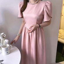 韩国chic设计感小众气质收腰显瘦褶皱泡泡袖长款大摆连衣裙
