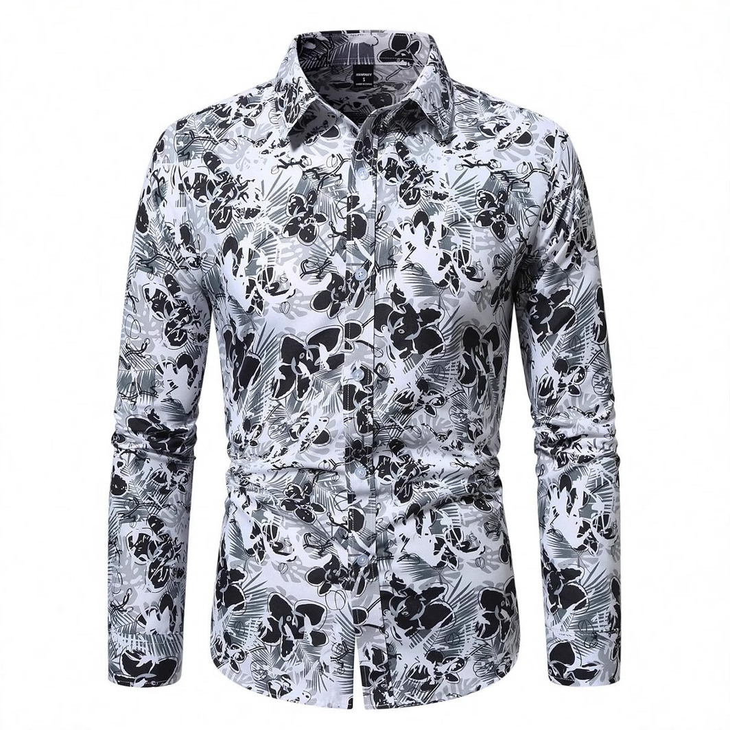 Moda todo fósforo color sólido tinta flor impresión digital 3D hombres primavera y otoño suelta camisa de botón de solapa de manga larga