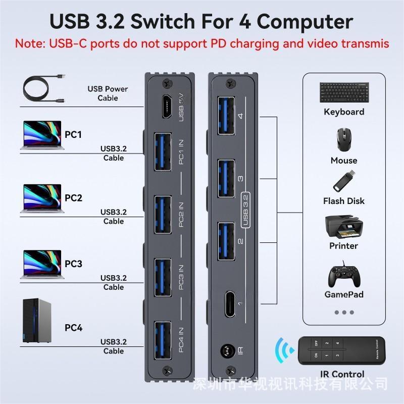 Usb3.2 Switcher 4X4, 4 Usb3.2 Inputs, 3 Usb3.2 + 1 Usb-C Output Hub