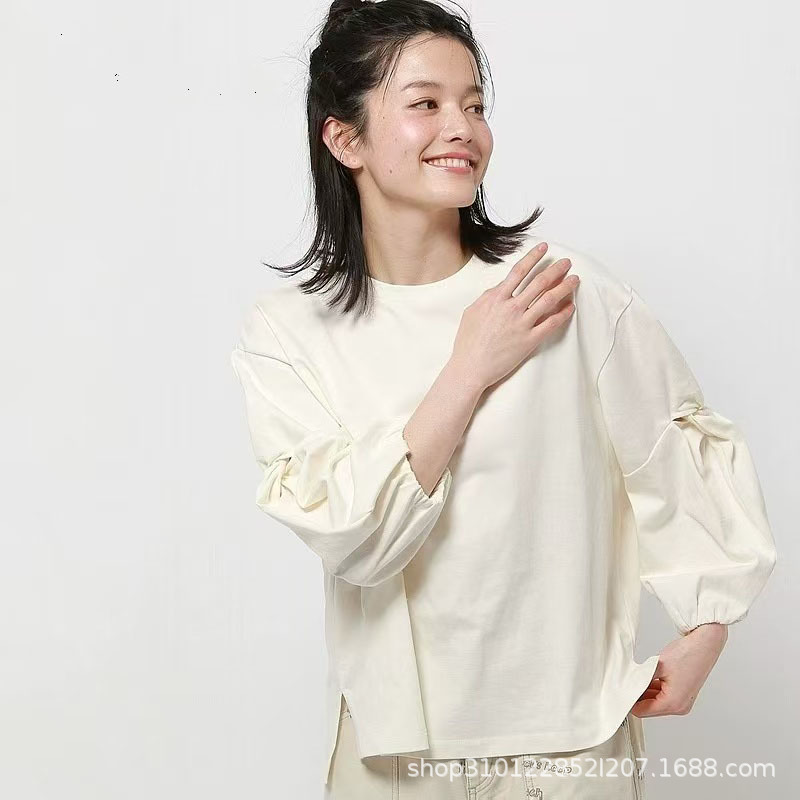 2025秋季新日系niko褶皱袖七分袖休闲减龄宽松纯棉条纹T恤女上衣|undefined