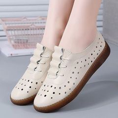 軟皮牛筋底中年媽媽皮鞋夏季新款平底鏤空單鞋舒適軟底防滑孕婦鞋