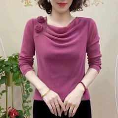 直播金2024春の新商品ネット糸亮晶方襟長袖上着tシャツ純色百合ファッションシャツ