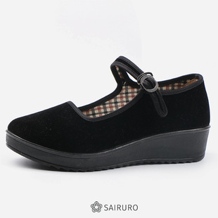 Platform/Old Beijing Black Cloth Shoes Women Casual Shoes Flat Velvet Belt Square Dancing Shoes Hotel Work Etiquette Shoes