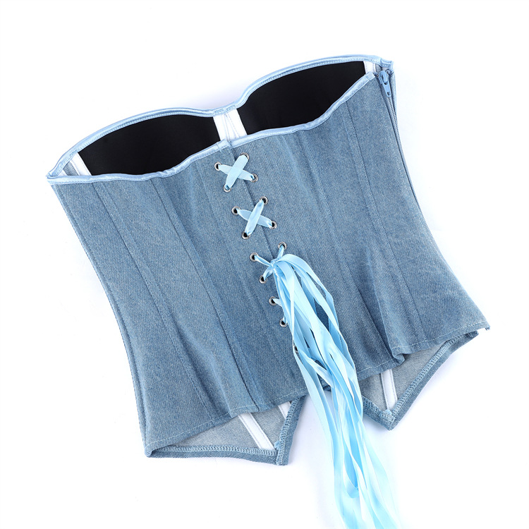 Light Blue Denim Strapless Shapewear Top With Bra Support For Women_voghion.com