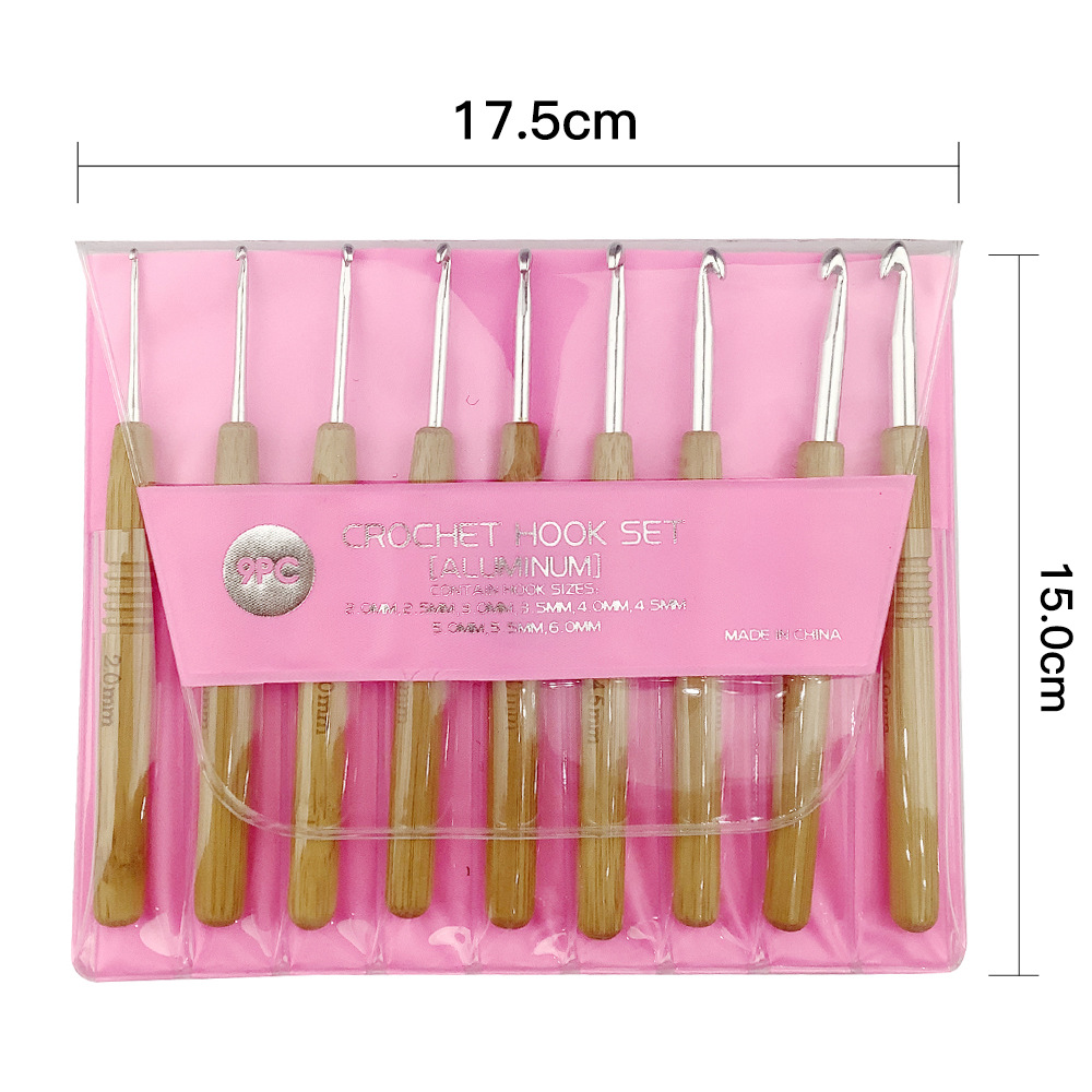 Herramienta de tejer suéter aguja nueva cilíndrica mango de bambú de aluminio crochet conjunto de 9 piezas 2. 0mm-6.0 mmvc embalaje