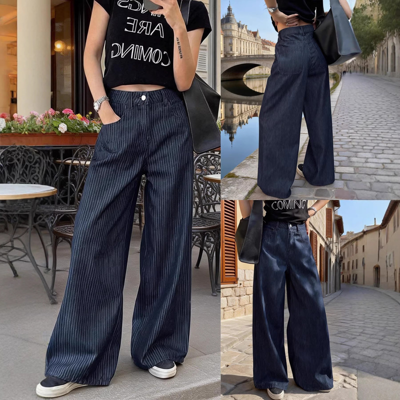 Amazon Shein Temu Cross-Border Spring, Summer, and Autumn Fashion Straight-Leg Women's Denim Pants Versatile Casual Pants Striped Amazon Shein Temu Cross-Border Spring, Summer, and Autumn Fashion Straight-Leg Women's Denim Pants Versatile Casual Pants Striped