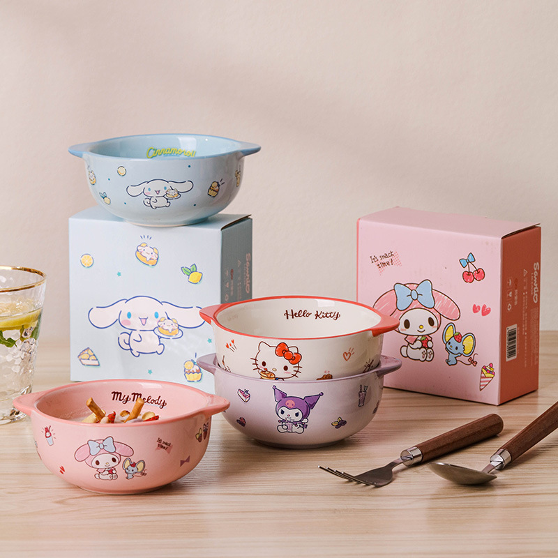 Authentic Sanrio Kidsren's Binaural Ceramic Bowl for Eating Food Supplement Rice Soup Noodles Snail Noodle Bowl Hello Kitty Kuromi Tableware