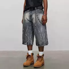 Men's 14oz Distressed Denim Capri Shorts with Lightning Print, 2025 Summer Oversized Knee-Length Casual Wide-Leg Shorts