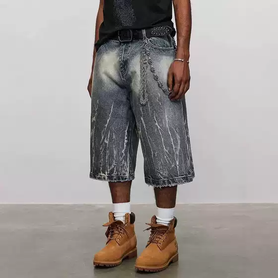 Men's 14oz Distressed Denim Capri Shorts with Lightning Print, 2025 Summer Oversized Knee-Length Casual Wide-Leg Shorts