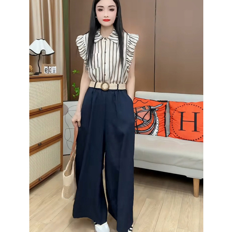 2025夏季新款洋气条纹显瘦翻领花苞袖衬衫+高腰阔腿长裤两件套女|undefined