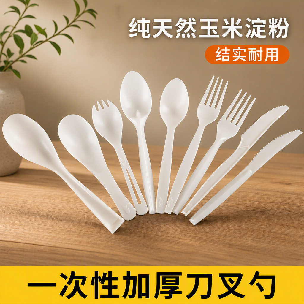 一次性玉米淀粉刀叉勺批发餐具套装月饼刀轻食沙拉叉甜品勺大汤勺