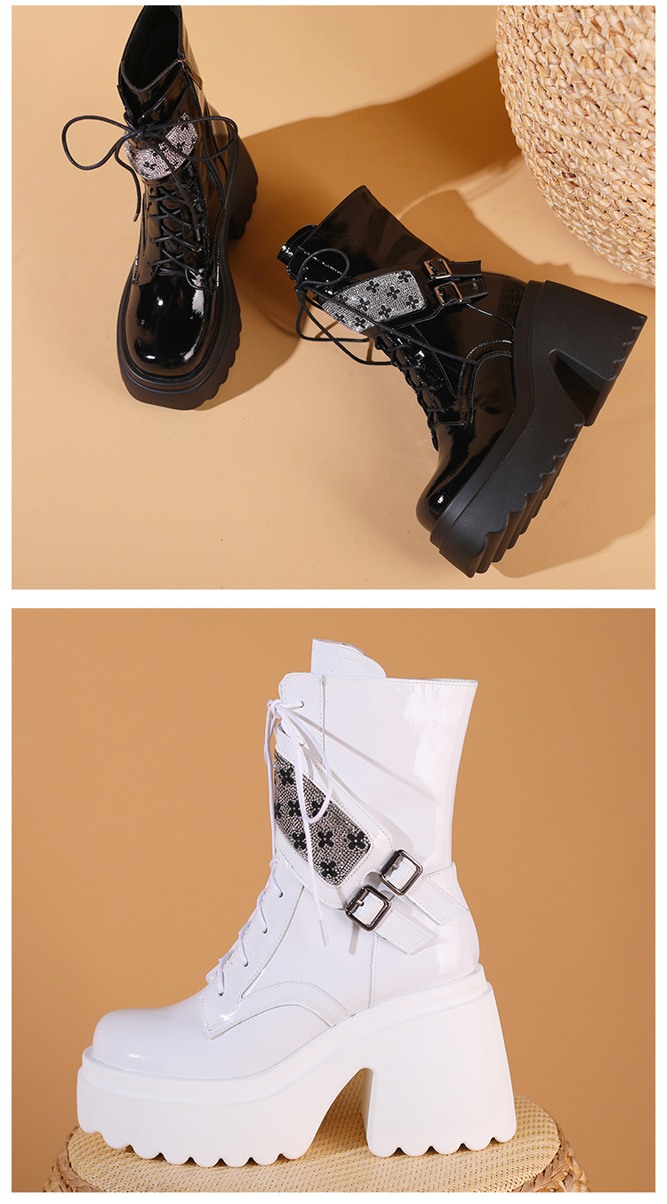 Boot nữ cổ ngắn phong cách Anh quốc, gót vuông 10cm, đế platform, khóa kéo bên hông — Lót nhung đen chi tiết 12