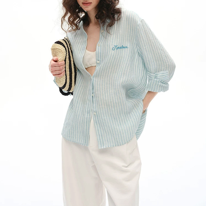 50% Linen 50% Hemp Vertical Stripe Embroidered Shirt for Women, Loose Fit, Slimming, Long Sleeve, Versatile Blouse Top 50% Linen 50% Hemp Vertical Stripe Embroidered Shirt for Women, Loose Fit, Slimming, Long Sleeve, Versatile Blouse Top